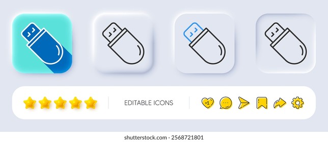 Usb stick line icon. Neumorphic, Flat shadow, 3d buttons. Computer memory component sign. Data storage symbol. Line usb stick icon. Social media icons. Vector