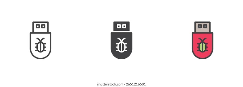 USB stick com malware bug ícone em linha, contorno preenchido e estilo vetor sólido. Símbolo do dispositivo infectado ou violação de dados. Pacote de ícones de três versões.