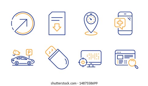 Usb stick, Medical phone and Parking security line icons set. Download file, Timer and Seo signs. Direction, Website search symbols. Memory flash, Mobile medicine. Technology set. Vector