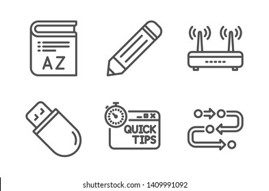 Usb stick, Pencil and Quick tips icons simple set. Vocabulary, Wifi and Methodology signs. Memory flash, Edit data. Science set. Line usb stick icon. Editable stroke. Vector
