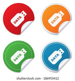 Usb Stick sign icon. Usb flash drive button. Round stickers. Circle labels with shadows. Curved corner. Vector