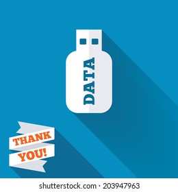 Usb Stick sign icon. Usb flash drive button. White flat icon with long shadow. Paper ribbon label with Thank you text. Vector