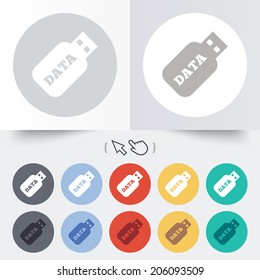 Usb Stick sign icon. Usb flash drive button. Round 12 circle buttons. Shadow. Hand cursor pointer. Vector