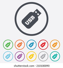 Usb Stick sign icon. Usb flash drive button. Round circle buttons with frame. Vector
