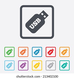 Usb Stick sign icon. Usb flash drive button. Round squares buttons with frame. Vector
