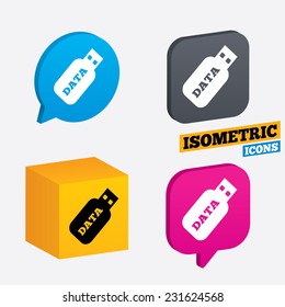 Usb Stick sign icon. Usb flash drive button. Isometric speech bubbles and cube. Rotated icons with edges. Vector