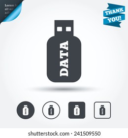Usb Stick sign icon. Usb flash drive button. Circle and square buttons. Flat design set. Thank you ribbon. Vector