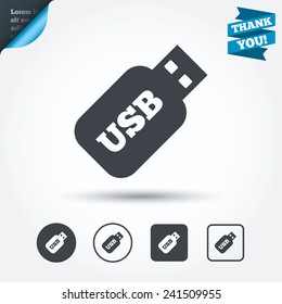 Usb Stick sign icon. Usb flash drive button. Circle and square buttons. Flat design set. Thank you ribbon. Vector
