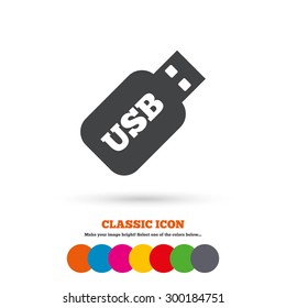Usb Stick sign icon. Usb flash drive button. Classic flat icon. Colored circles. Vector