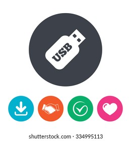 Usb Stick sign icon. Usb flash drive button. Download arrow, handshake, tick and heart. Flat circle buttons.
