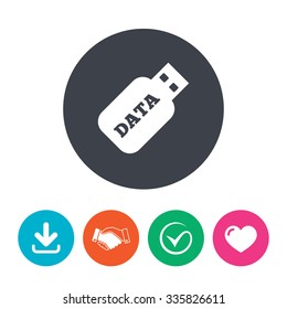 Usb Stick sign icon. Usb flash drive button. Download arrow, handshake, tick and heart. Flat circle buttons.