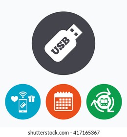 Usb Stick sign icon. Usb flash drive button. Mobile payments, calendar and wifi icons. Bus shuttle.