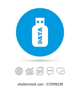 Usb Stick sign icon. Usb flash drive button. Copy files, chat speech bubble and chart web icons. Vector
