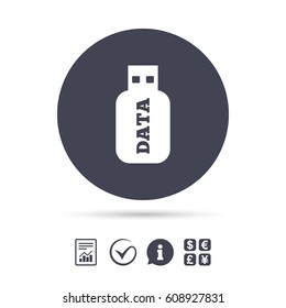 Usb Stick sign icon. Usb flash drive button. Report document, information and check tick icons. Currency exchange. Vector