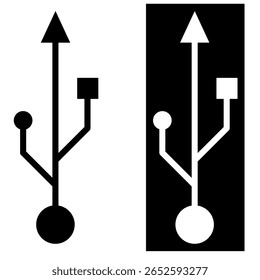 Ícone de símbolo USB em variações em preto e branco, formato EPS 10 vetorial. Representa a conectividade de barramento serial universal usada em hardware técnico, etiquetagem de porta, suporte de dispositivo e indicadores de interface digital.