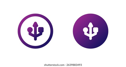 USB Symbol Icon Set. A purple gradient icon of a USB symbol, commonly used in interfaces for connectivity or data transfer.
