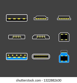 USB type A, B and USB type C plugs, micro, lightning, universal computer white cable connectors, top view vector illustration.