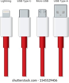 USB type A, USB type C, micro USB and lightning, universal computer cable connectors, vector illustration