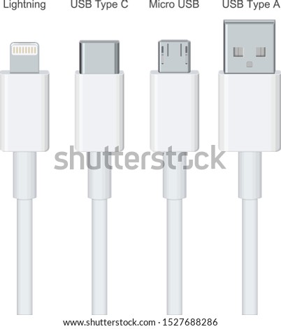 USB type A, USB type C, micro USB and lightning, universal computer cable connectors, vector illustration