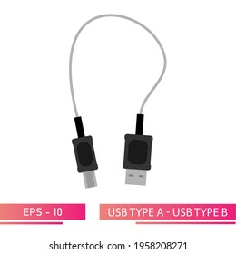 USB type A - USB type B, adapter, extension cable. On a white background. Flat vector illustration.