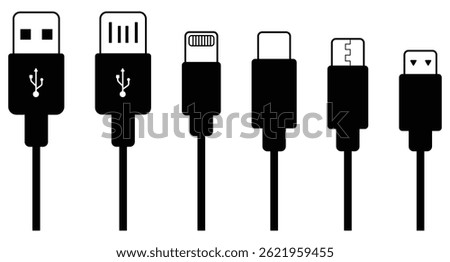 USB type C, A,B, lightning and micro-usb icon, usb cable Icons set, Charger vector icon, vector illustration. 