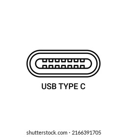 USB Type C connector cable thin linear icon isolated on white background. High speed data transfer technology concept. Outline flat style. Vector line illustration.