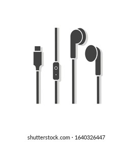 USB type C earphones with mic. Headset. Headphones. Hands free. Earbuds. Wireless. Wired. Flat minimalist design. white black vector. product brand service label banner board display. App icon.