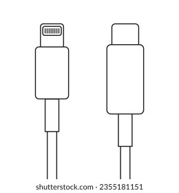 USB tipo C y cable de conector de relámpago carga rápida.Dispositivo electrónico, carga de cable para símbolo de icono de smartphone, ilustración vectorial aislada en fondo blanco.