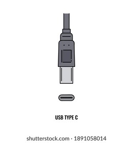 USB type C port and plug isolated on white background. Grey connect cable for electronic device connection and charging - flat vector illustration.