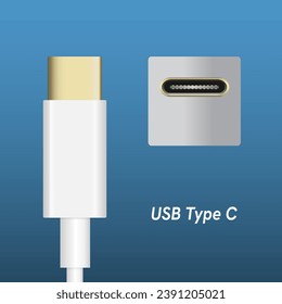 USB type C super speed Cable Plugs and socket Isolated on Blue Background. Eps10 vector.