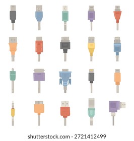 Conector tipo USB establecido en estilo escandinavo con varios tipos de enchufes adaptadores cables puertos comunes dispositivos electrónicos comunicación datos de potencia