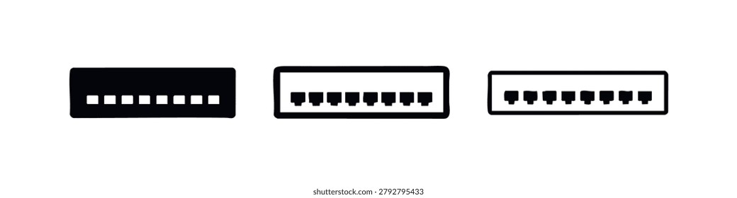 USB Type-A Port Icon Set. Vector illustrations of universal serial bus socket symbols in various styles.
