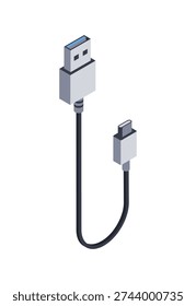 Разъем USB Type-A to USB Type-C Cable. Векторная изометрическая иллюстрация, изолированный объект. Цифровой гаджет для подключения. Кабель синхронизации данных, адаптер