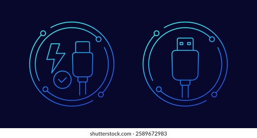 USB Type-C power cable icons, linear vector design