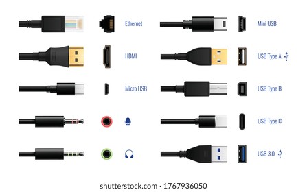 Usb type port plug in realista set de conectores aislados de cables de computadora y subtítulos de texto editables ilustración vectorial