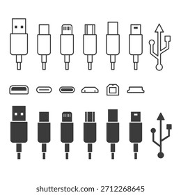 Tipos de USB definidos. Ícone da porta de carregamento. Ilustração isolada de vetor.