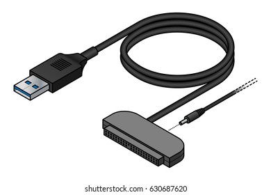 A USB (universal serial bus) cable adapter. USB type A to PATA/IDE. With barrel DC power plug.