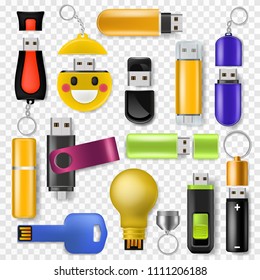 USB vector flash drive memory storage and digital transfer device to computer illustration set of removable flashdrive technology equipment isolated on transparent background