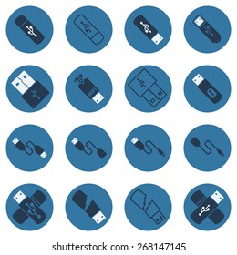 USB vector flat icons - set of dark blue cables and usb flash drives symbols