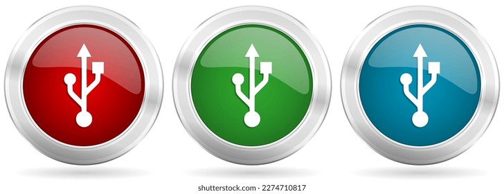 Usb vector icon set. Red, blue and green silver metallic web buttons with chrome border