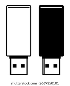 Iconos del vector del USB. Esquema y dibujo de silueta de una unidad flash.