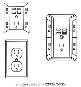 Cargador de pared USB, Cargador de cubo, Caja de carga, Enchufe para cargador de viaje en casa, Estación de carga del adaptador de corriente USB, enchufe de zócalo, concepto de dispositivo de alimentación de interruptor de tipo eléctrico. Ilustración del elemento de diseño del vector