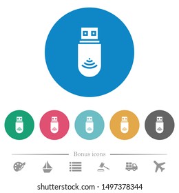 USB wifi dongle flat white icons on round color backgrounds. 6 bonus icons included.