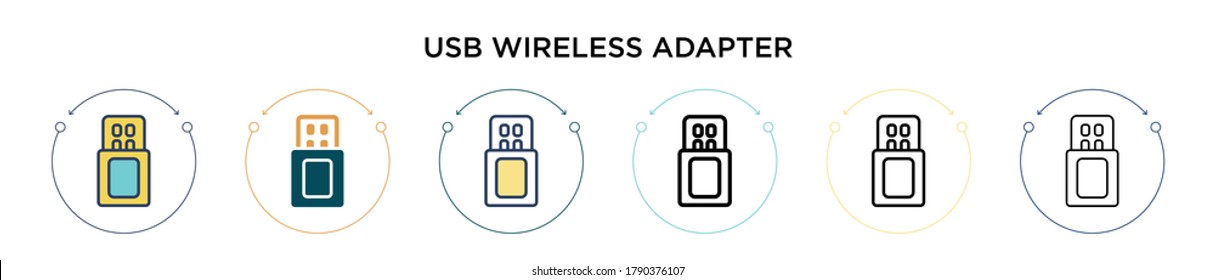 USB Wireless-Adaptersymbol in voller, dünner Linie, Umriss- und Schlagrichtung. Vektorgrafik von zwei farbigen und schwarzen USB-WLAN-Vektorgrafiken-Designs kann für mobile, iPhone-, web-basierte