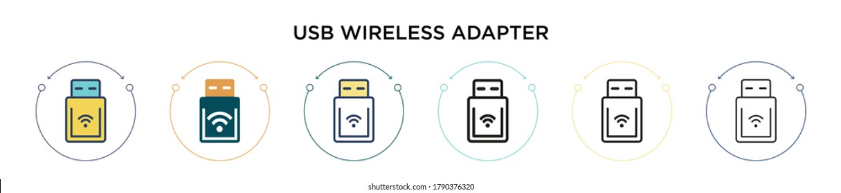 Usb wireless adapter icon in filled, thin line, outline and stroke style. Vector illustration of two colored and black usb wireless adapter vector icons designs can be used for mobile, ui, web