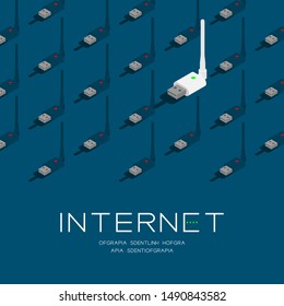 Adaptador inalámbrico USB en línea y fuera de línea Patrón isométrico 3D, póster de concepto de tecnología de conexión wifi Internet y pancarta social ilustración de diseño cuadrado aislado en fondo azul, vectores