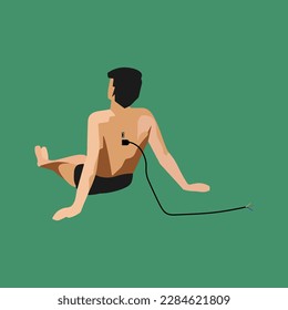 USB wires connected to a person, vector. A man in shorts sits with his back, he has 2 USB inputs on his back and a wire sticks out. Concept illustration.