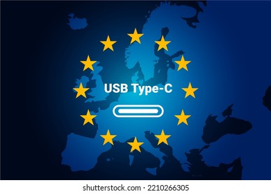 Cargador de cable de dispositivo USB-C en la UE (Unión Europea). Icono de conector USB tipo C en mapa azul y bandera de europa. Ilustración del vector