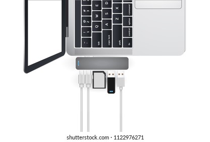 USB-C Hub Dual Type-C Multiport Adapter Connects to Laptop with Multi device such as SD-Card ,USB-Flash Drive ,Cable. Vector Illustration Mockup.