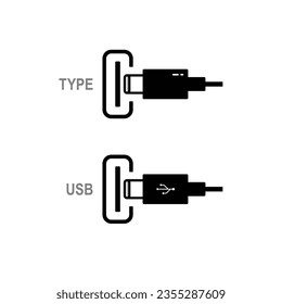 Usb-c port and plug icon set. Vector illustration outline flat design style.